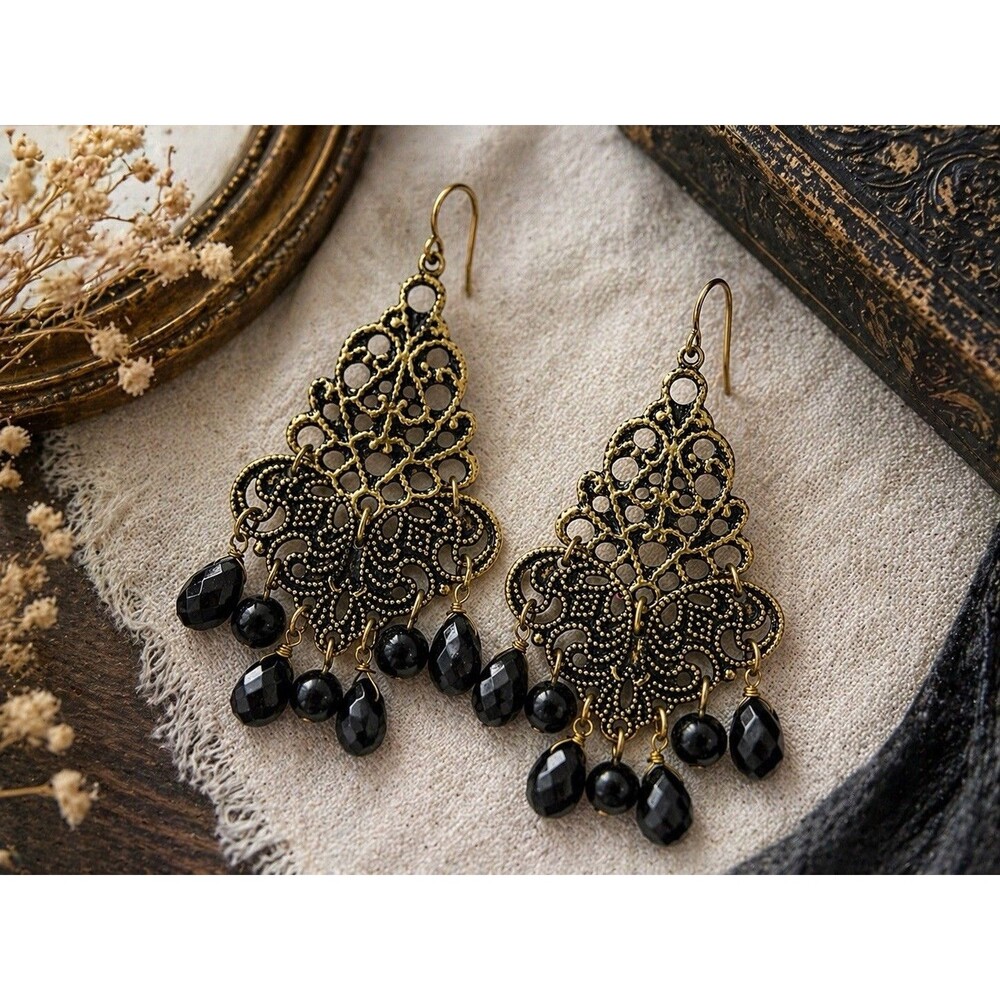 Vintage 1970s Gold Tone Filigree Chandelier Earrings Black Faceted Bead Boho